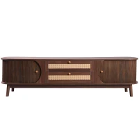 Natural Walnut Modern TV Stand with Rattan Drawers, Solid Wood Doors and Storage Solution, 170x39.5x46 cm, Natural(m-2)