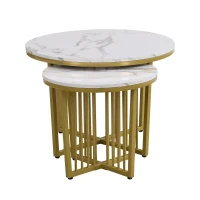 Modern Nesting Coffee Table Set, High Gloss Marble Look with Golden Iron Legs, 2 Piece Set, White(m-9)