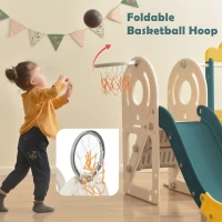 Children's 4-in-1 Outdoor Play Equipment with Slide, Bus, Activity Ladder, Basketball Hoop and Ball, HDPE Material, 171x109.9x100 cm, Green(m-7)