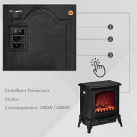 HOMCOM Elektrokamin freistehend, Flammeneffekt, 2 Heizmodi 1000W/2000W, gehärtetes Glas, Schwarz, 36,5x24x45,5 cm(m-5)