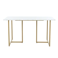 Moderner rechteckiger Esstisch mit MDF-Tischplatte in Marmoroptik in L-Form, 140x80x75 cm, Weiß+Golden(m-1)