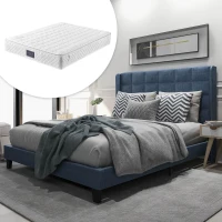 Lit double avec tête de lit rembourrée et sommier à lattes, en lin, 140x200 cm, avec matelas à ressorts, Bleu(m-6)