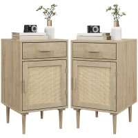 Lot de 2 tables de chevet avec placard et étagère porte rotin tissé 1 tiroir design bohème - 40 x 40 x 68,5 cm naturel(m-11)