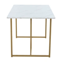 Moderner rechteckiger Esstisch mit MDF-Tischplatte in Marmoroptik in L-Form, 140x80x75 cm, Weiß+Golden(m-10)