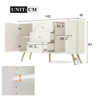Crédence Élégante avec 2 Portes et 3 Tiroirs, Étagère Réglable, Meuble de Rangement pour Chambre à Coucher, Blanc Crème(m-3)