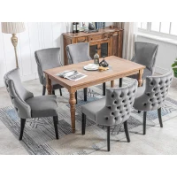 Set aus 6 gepolsterten Esszimmerstühlen mit Knopfheftung und Metallnieten, Samtoptik, Grau(m-5)