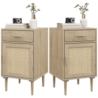 Lot de 2 tables de chevet avec placard et étagère porte rotin tissé 1 tiroir design bohème - 40 x 40 x 68,5 cm naturel