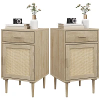 Lot de 2 tables de chevet avec placard et étagère porte rotin tissé 1 tiroir design bohème - 40 x 40 x 68,5 cm naturel(m-1)