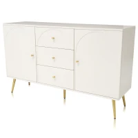 Crédence Élégante avec 2 Portes et 3 Tiroirs, Étagère Réglable, Meuble de Rangement pour Chambre à Coucher, Blanc Crème(m-12)