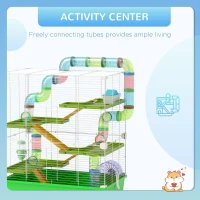 PawHut Hamster Cage w/ Water Bottle, Exercise Wheel, Tubes, Ramps - Green(m-4)