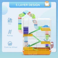 PawHut 5 Tier Hamster Cage Carrier Habitat w/ Exercise Wheels, Tunnel, Orange(m-6)