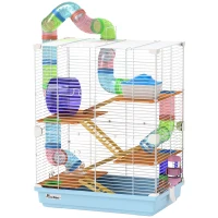 PawHut 5 Tier Hamster Cage Carrier Habitat w/ Exercise Wheels, Tunnel, Light Blue(m-11)