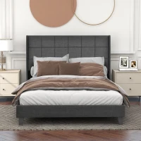 Letto Matrimoniale con Testiera Imbottita e rete a Doghe, Lino, 140x200 cm, con Materasso, Grigio(m-4)