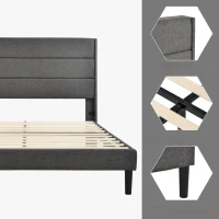 Struttura Letto Matrimoniale con Rete a Doghe e Piedini antiscivolo, Testiera Imbottita in Lino,140x200 Grigio Scuro(m-6)