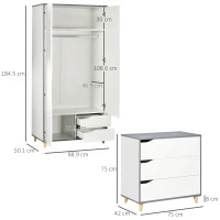 HOMCOM Bedroom Furniture Set, Wardrobe with Hanging Rail, 3 Drawer Chest of Drawers with Cut-out Handles, Grey and White(m-3)
