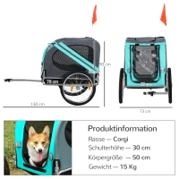 PawHut Haustieranhänger Hundeanhänger Fahrradanhänger bis 20kg klappbar Reflektor Regenschutz Stahl Grau + Grün 130 x 73 x 90cm(m-3)