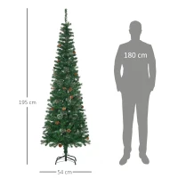 HOMCOM Árvore de Natal Artificial 195 cm Árvore de Natal com 556 Ramos Árvore de Natal Slim com 25 Pinhas Base Dobrável Ø54x195 cm Verde(m-3)