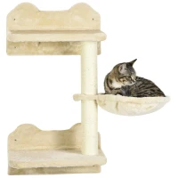 PawHut Conjunto de Prateleiras de Parede para Gatos de 4 Peças com 3 Postes de Sisal Rede e 1 Plataforma para Saltar de 3 Níveis Bege(m-9)