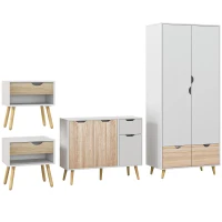 HOMCOM Bedroom Furniture Set, Wardrobe with Hanging Rod, Side Cabinet with Wood Legs, Bedside Table with Drawer, Nature Wood Finish and White(m-11)