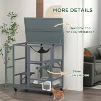 PawHut Cat House, Wooden Outdoor Catio Cat Enclosure on Wheels, Wooden Kitty Cage with Platforms, Hammock, Light Grey(m-7)