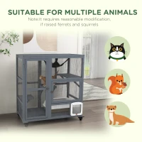 PawHut Cat House, Wooden Outdoor Catio Cat Enclosure on Wheels, Wooden Kitty Cage with Platforms, Hammock, Light Grey(m-8)