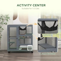 PawHut Cat House, Wooden Outdoor Catio Cat Enclosure on Wheels, Wooden Kitty Cage with Platforms, Hammock, Light Grey(m-4)