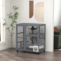 PawHut Cat House, Wooden Outdoor Catio Cat Enclosure on Wheels, Wooden Kitty Cage with Platforms, Hammock, Light Grey(m-2)