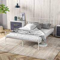 HOMCOM Cama de Casal 150x200 cm com Cabeceira de Ripas de Aço e Espaço de Arrumação Debaixo da Cama Carga 330 kg Branca(m-9)