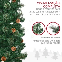 HOMCOM Árvore de Natal Artificial 225 cm Árvore de Natal com 706 Ramos Árvore de Natal Slim com 56 Pinhas Base Dobrável Ø58x225 cm Verde(m-7)