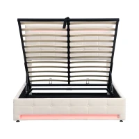 Velvet Upholstered Double Bed with Storage, Remote Control LED Light, Iron Frame, Elegant Design, 199x150x123 cm, Beige(m-13)