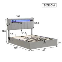 Upholstered Hydraulic Double Sofa Bed with Bluetooth Stereo, USB Ports, Storage Pockets, and LED Light Strips, 198x150x120 cm, Gray(m-3)
