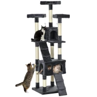 PawHut Arranhador para Gatos Grande 49x49x173 cm com Múltiplos Níveis Cavernas e Brinquedos Suspensos Cinza Escuro(m-10)