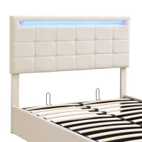 Velvet Upholstered Double Bed with Storage, Remote Control LED Light, Iron Frame, Elegant Design, 199x150x123 cm, Beige(m-10)