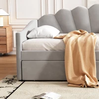 Upholstered Single Sofa Bed with Trundle, Velvet Sofa Bed Sleeper with Scalloped Cushions, 202x190x95 cm, Gray(m-9)