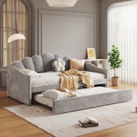 Upholstered Single Sofa Bed with Trundle, Velvet Sofa Bed Sleeper with Scalloped Cushions, 202x190x95 cm, Gray