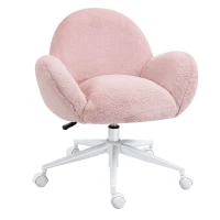 HOMCOM Makeup Vanity Chair, Cute Fluffy Desk Chair with Rolling Wheels for Bedroom Living Room, Pink(m-10)