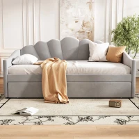 Upholstered Single Sofa Bed with Trundle, Velvet Sofa Bed Sleeper with Scalloped Cushions, 202x190x95 cm, Gray(m-7)