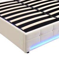 Velvet Upholstered Double Bed with Storage, Remote Control LED Light, Iron Frame, Elegant Design, 199x150x123 cm, Beige(m-12)
