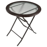 Outsunny Table ronde bistro de jardin pliable dim. Ø 68 x 73H cm métal époxy résine tressée chocolat plateau verre trempé(m-10)