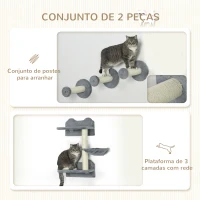 PawHut Conjunto de Prateleiras de Parede para Gatos de 4 Peças com 3 Postes de Sisal Rede e 1 Plataforma para Saltar de 3 Níveis Cinza(m-7)