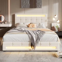 Velvet Upholstered Double Bed with Storage, Remote Control LED Light, Iron Frame, Elegant Design, 199x150x123 cm, Beige(m-6)