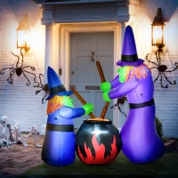 HOMCOM 1.8m Inflatable Halloween Lawn Decoration with LED Witches Around A Black Cauldron Outdoor Air Blown Holiday Décor(m-10)