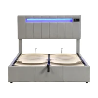 Upholstered Hydraulic Double Sofa Bed with Bluetooth Stereo, USB Ports, Storage Pockets, and LED Light Strips, 198x150x120 cm, Gray(m-13)