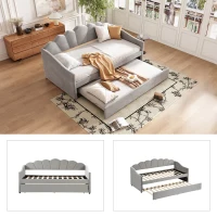 Upholstered Single Sofa Bed with Trundle, Velvet Sofa Bed Sleeper with Scalloped Cushions, 202x190x95 cm, Gray(m-5)