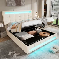 Velvet Upholstered Double Bed with Storage, Remote Control LED Light, Iron Frame, Elegant Design, 199x150x123 cm, Beige(m-7)