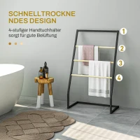 HOMCOM Stojak na ręczniki, wolnostojący, 4 pręty, 60x35x102cm, Czarny/Naturalne drewno(m-5)