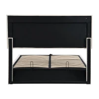 Velvet Upholstered Double Bed with Storage, Remote Control LED Light, Iron Frame, Elegant Design, 199x150x123 cm, Beige(m-15)