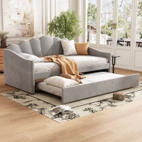 Upholstered Single Sofa Bed with Trundle, Velvet Sofa Bed Sleeper with Scalloped Cushions, 202x190x95 cm, Gray(m-6)
