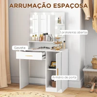 HOMCOM Toucador de Maquilhagem com Banco Mesa de Maquilhagem com Espelho LED Gavetas Prateleira Ajustável e Prateleiras Abertas Branco(m-5)
