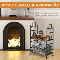 Outsunny Suporte para Lenha de Ferro Forjado de 2 Níveis com 4 Ferramentas para Interior e Exterior 51,5x33x77 cm Preto e Dourado(m-7)